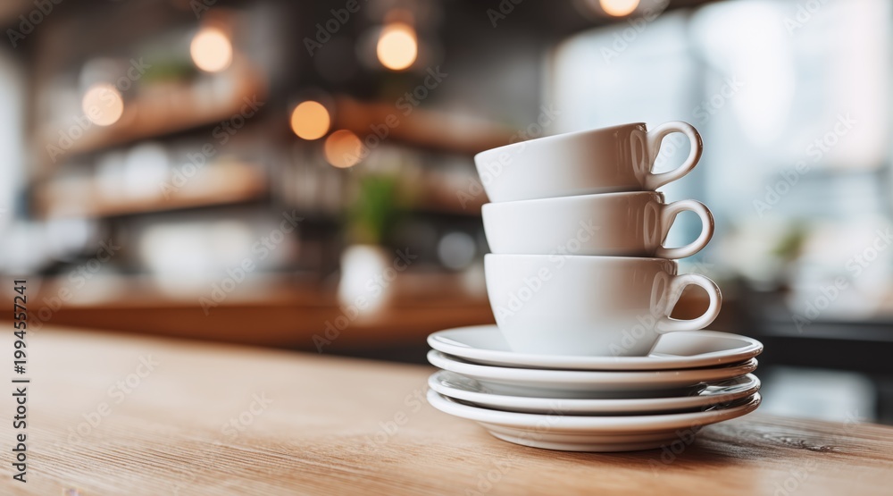 Fototapeta premium Stack of white ceramic coffee cups and saucers on wooden counter in cafe