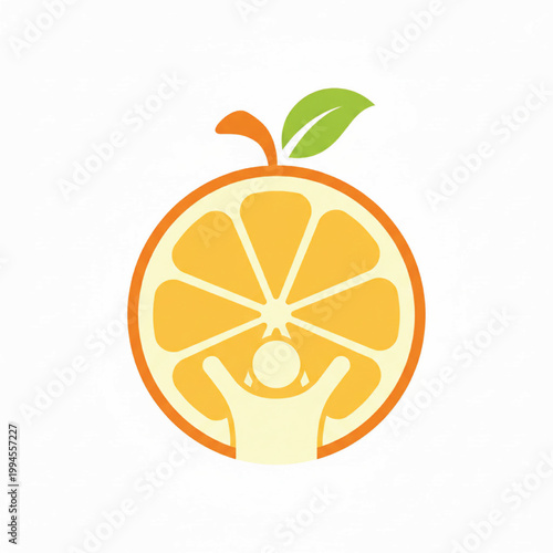 Orange fruit icon with sliced citrus segments, leaf sprouts, and minimal flat design for eco and healthy branding