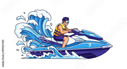 Man riding a jet ski through ocean waves, summer water sports activity