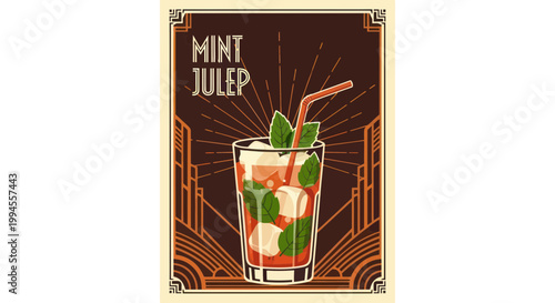 Art Deco Mint Julep Cocktail with Mint Leaves, Ice, and Straw - Vintage Illustration