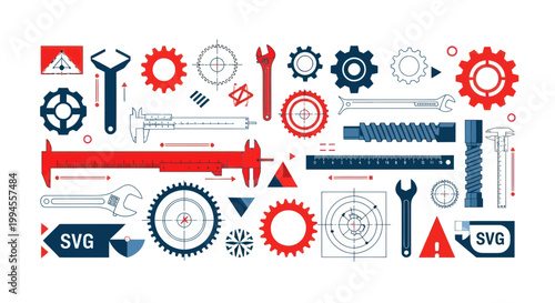 Engineering Tools and Gears Vector Set - Technical Drawing and Mechanics Elements