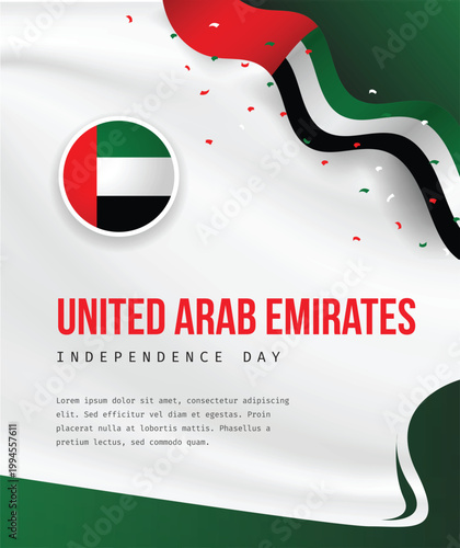 Modern UAE National Day vector background featuring flag inspired design. Clean and minimal layout with abstract wave shapes and copy space.  United Arab Emirates December 2