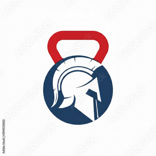 Kettlebell lifting icon with red handle, blue circle background, and white arrow motion symbol for fitness