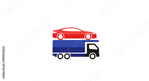 Automobile Transport: A Red Sports Car Being Carried on a Blue Truck Isolated