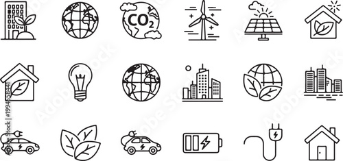 Eco friendly icons, sustainable living symbols, green energy illustrations, 20 line style graphics