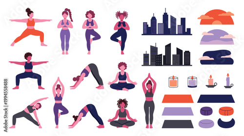 Diverse women practicing yoga poses in serene settings with city skyline and sunset backdrop promoting wellness and healthy lifestyle
