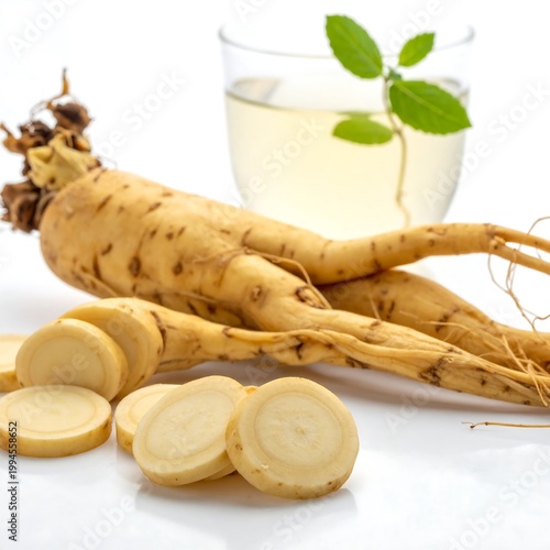 Fresh ginseng root and green tea.
