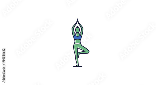 Illustration of a person in the tree pose performing yoga, promoting health and wellness