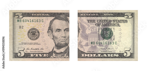 Foto Two sides of a five dollar bill displayed side by side showcasing abraham lincol