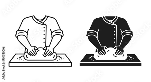 Chef kneading dough icon set, outline and solid, white background