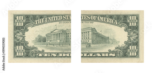 Schilderij op canvas Us ten dollar bill back view featuring the treasury building and intricate green
