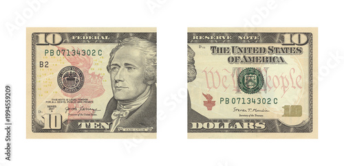Obraz na plátně Front and back view of a united states ten dollar bill showcasing alexander hami