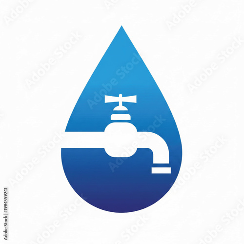 Handmade faucet drop icon with minimalist blue water concept and clean white valve silhouette featuring plumbing, pipe, sanitation with home repair