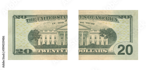 Fotografie Torn twenty dollar bill showing the white house on the reverse side symbolizing