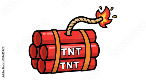 Cartoon TNT Dynamite Bomb with Burning Fuse and Fire