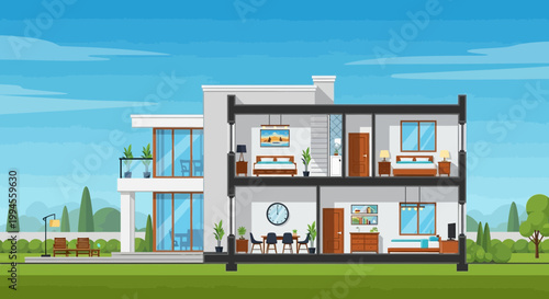 Modern Two Story House Cross Section Vector Illustration