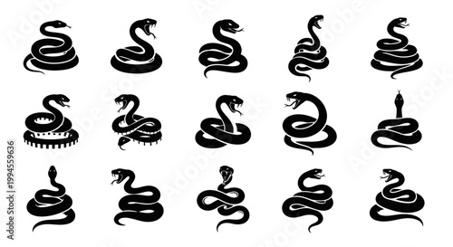 Collection of Black Snake Icons and Silhouettes, Various Poses