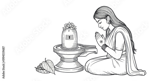 Devout Woman Praying to Shiva Lingam, Hindu Ritual Offering, Indian Culture