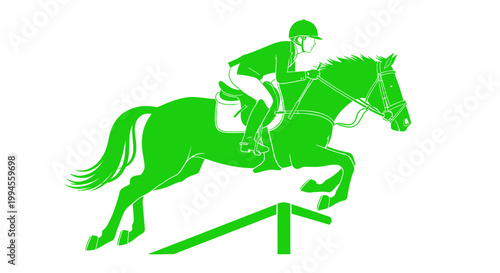 Equestrian Rider Jumping Horse Over Obstacle, Green Silhouette