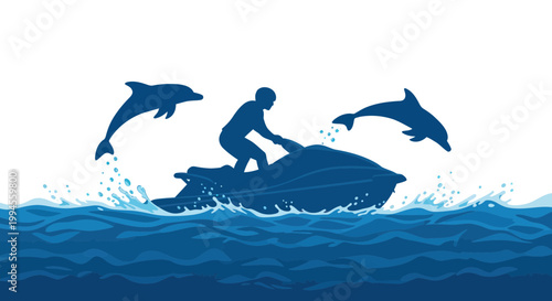 Jet Ski Rider with Jumping Dolphins in Blue Water