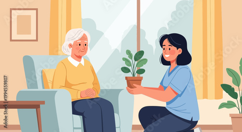 Caregiver Giving Potted Plant to Senior Woman in Home Care Setting