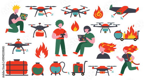 Drone technology for firefighting and emergency response operations with water tanks and fire elements