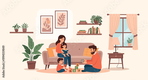 Happy Family Playing and Reading Together in Cozy Living Room Vector