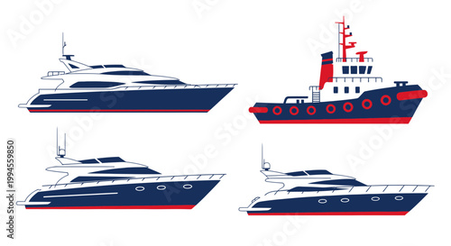Set of Yachts and Tugboat, Marine Vessels, Transportation, Blue and Red Colors