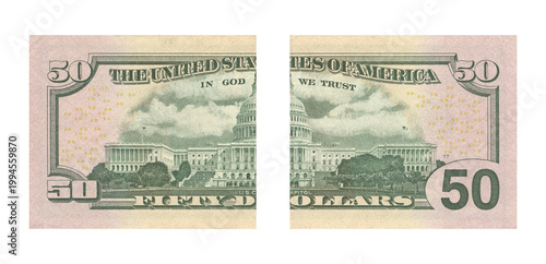 Obraz na plátně Fragmented fifty dollar bill reverses displaying the united states capitol build