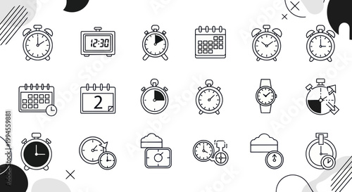 Time Icons Set: Clocks, Calendars, Watches, Stopwatch - Vector Illustration