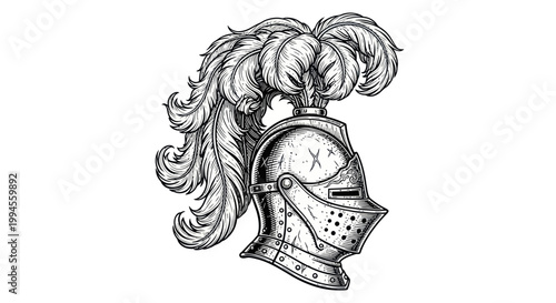 Vintage Knight Helmet with Plume - Hand Drawn Sketch