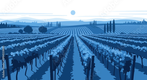 Vineyard Landscape, Rolling Hills, Blue Tone Illustration, Winery Scenery