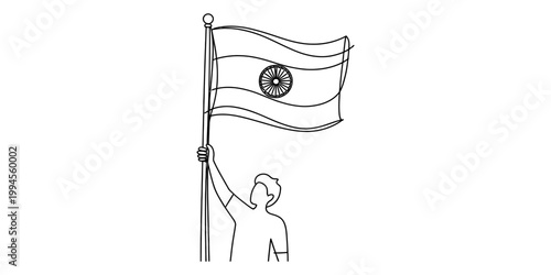 A continuous line drawing depicts a person raising the indian flag, symbolizing national pride and independence. Vector, illustration