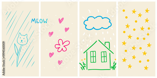 Child s drawing of weather scenes with cat hearts flower house and stars