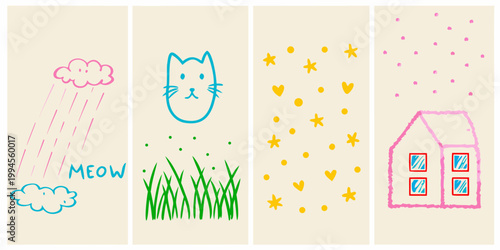 A series of childlike drawings depicting weather a cat and a house