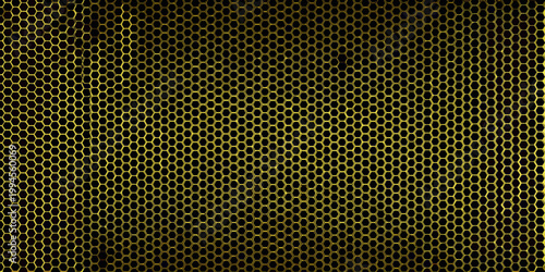 A dark background featuring a dense repeating golden honeycomb pattern