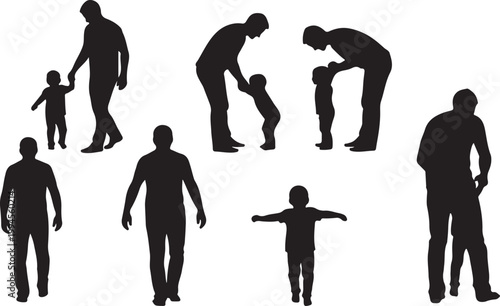 Silhouettes of a father and child walking and interacting, representing family, guidance, and growth.