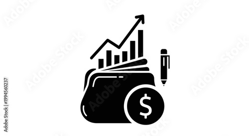 Financial Growth Icon: Wallet, Bar Chart, Upward Arrow, Coin, Pen