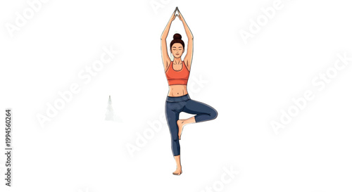 Yoga, woman in tree pose, fitness illustration, vector, orange sports bra, blue leggings