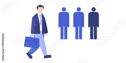 A businessman walks toward a group of faceless blue figures