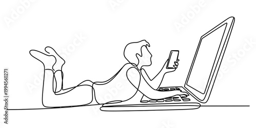 A person lies on their stomach, engrossed in their phone while typing on a laptop. Vector, illustration