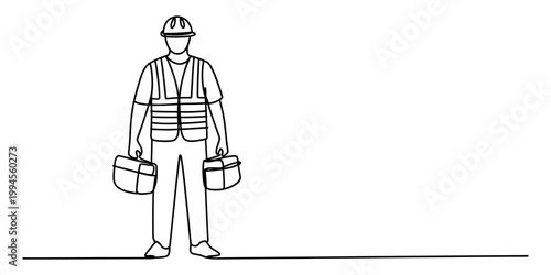 A line drawing of a construction worker wearing a hard hat and safety vest, holding two toolboxes. Vector, illustration