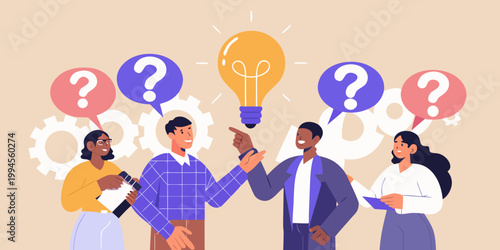 Diverse team collaborates generating ideas with lightbulb and question marks
