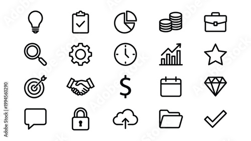 Business and finance icons set for web and presentation with pie chart magnifying glass bar chart dollar sign speech bubble business collection presentation lightbulb clipboard checklist