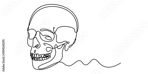 A minimalist single-line drawing of a human skull in profile, with a wavy line extending from its jawbone, creating an abstract and artistic representation. Vector, illustration