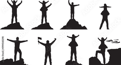 Silhouettes of people celebrating success on mountain peaks, symbolizing achievement and victory.