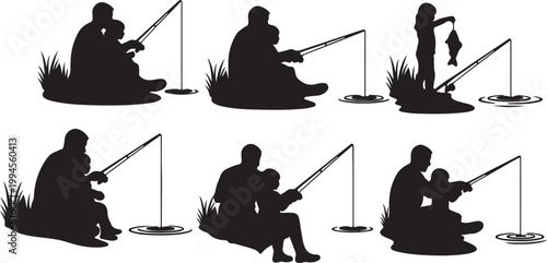 Father and child fishing together, enjoying a peaceful outdoor hobby and bonding moment.
