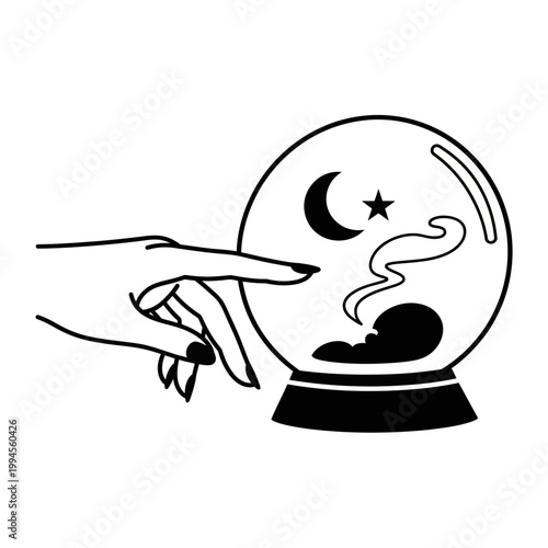 Hand Touching Crystal Ball with Moon, Star, and Clouds - Fortune Telling Icon