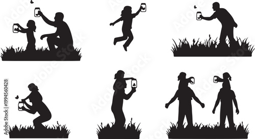 Father and child catching butterflies in jars, exploring nature and enjoying outdoor summer fun.