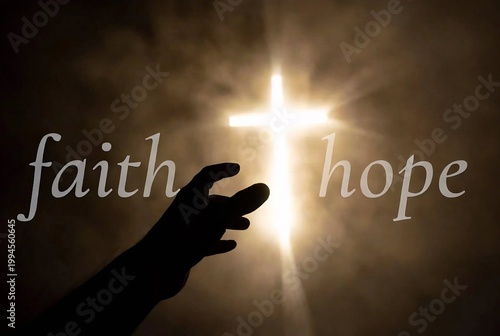 A silhouette of a hand reaching towards a bright cross symbolizing faith and hope in darkness.